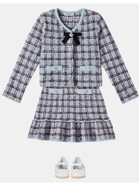 Self-Portrait Kids Blue and Pink Tweed Skirt and Jacket Set